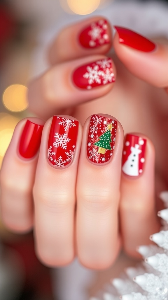 Festive Red Christmas Nail Designs for Black Women Close-up of red Christmas nails with festive designs and glitter.